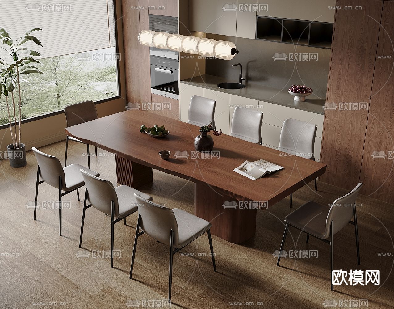 中古风餐桌椅 条形餐桌3d模型下载（渲染图2）