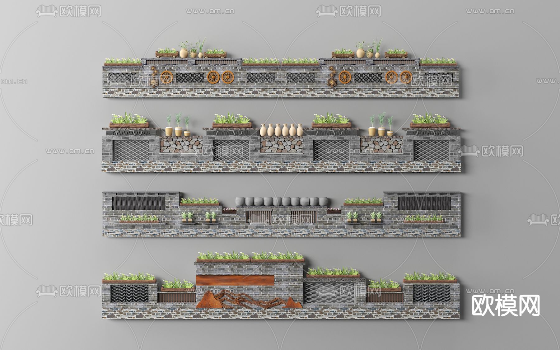 中式景观矮墙 围墙 围栏3d模型下载
