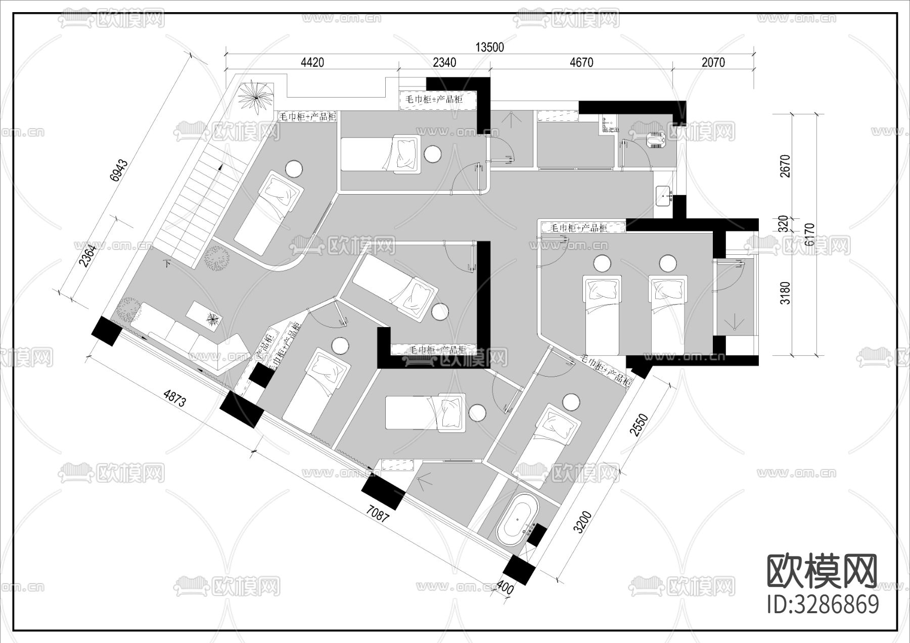 240平方的美容美发综合店cad平面图下载（渲染图2）