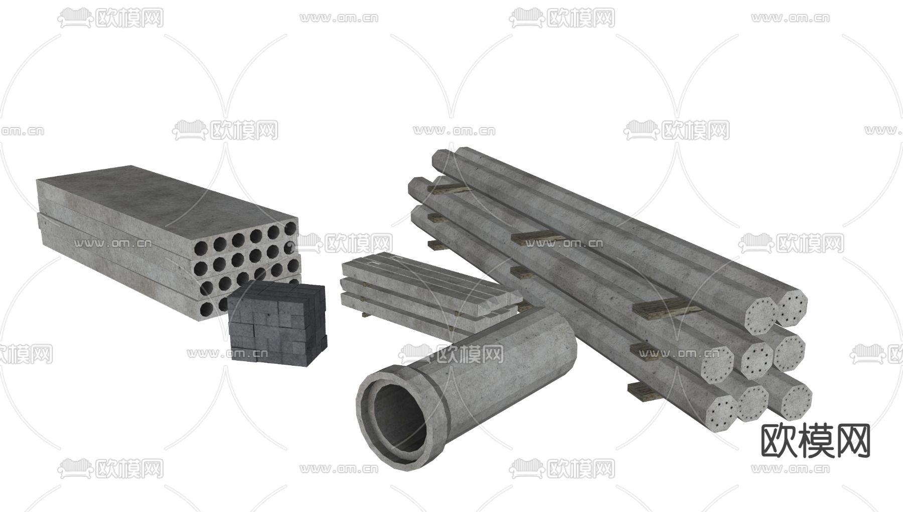 建筑材料 混凝土砌块 混凝土管道 水泥柱 混凝土板su模型下载（渲染图1）