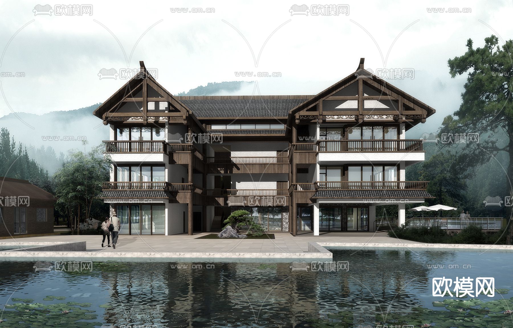 中式民宿建筑 滨水客栈su模型下载（渲染图2）