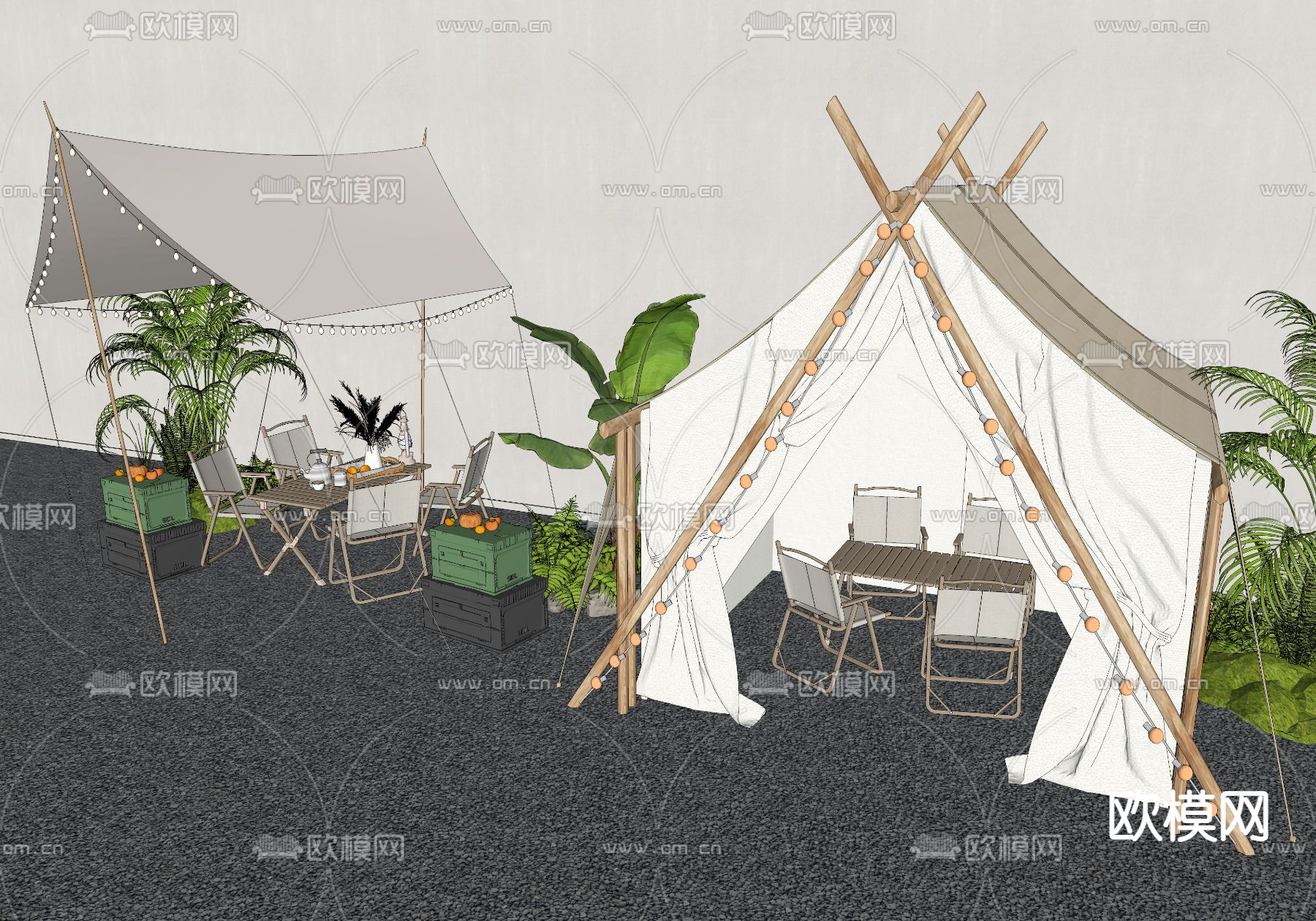 现代露营帐篷 户外折叠桌椅su模型下载（渲染图1）