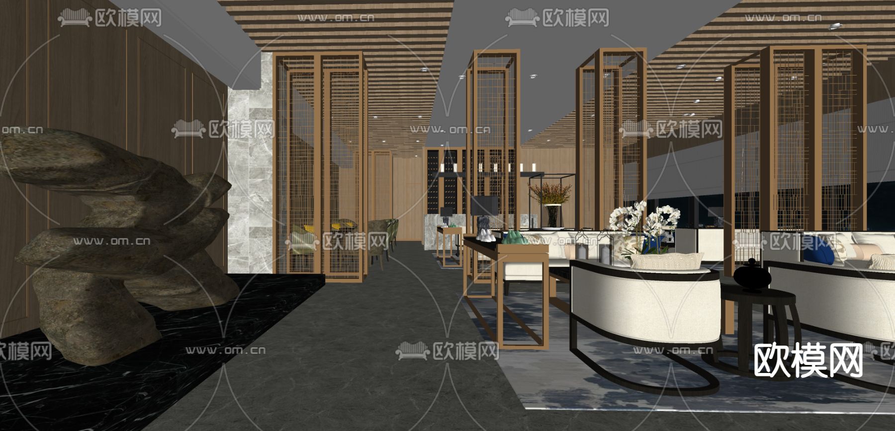 新中式足浴会所 大厅su模型下载（渲染图1）