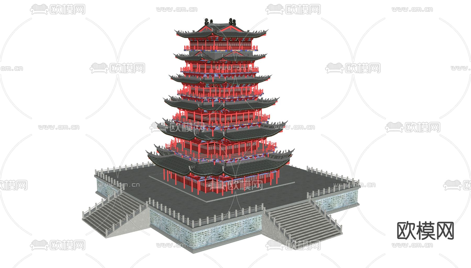 中式亭台 楼阁建筑su模型下载（渲染图1）