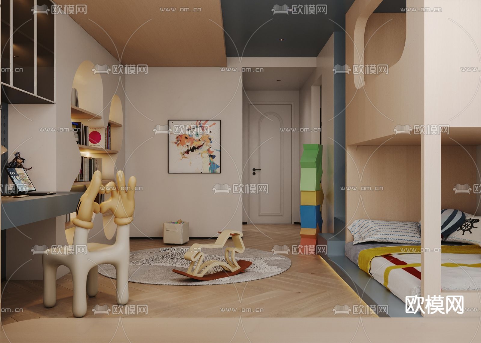 孟菲斯男孩房 次卧3d模型下载（渲染图1）