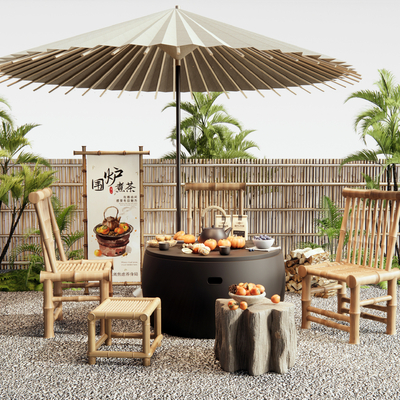  新中式户外桌椅 围炉煮茶su模型 