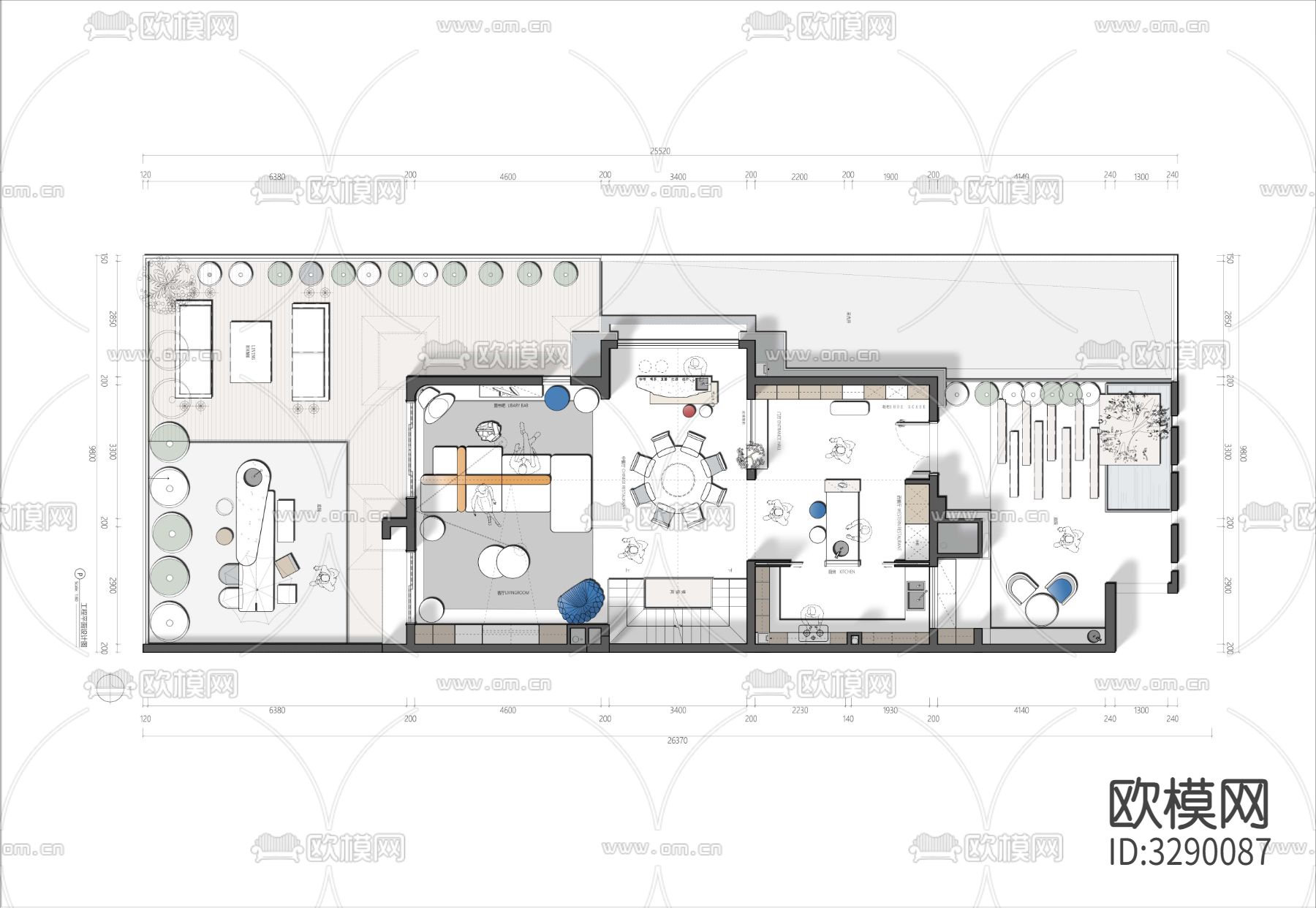 别墅一层方案平面方案图CAD彩平PSDcad施工图下载（渲染图2）