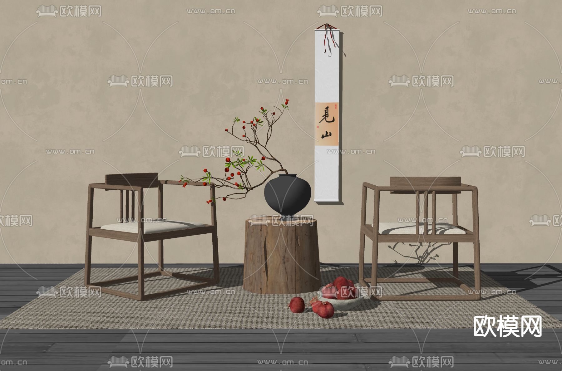 新中式休闲椅su模型下载（渲染图2）