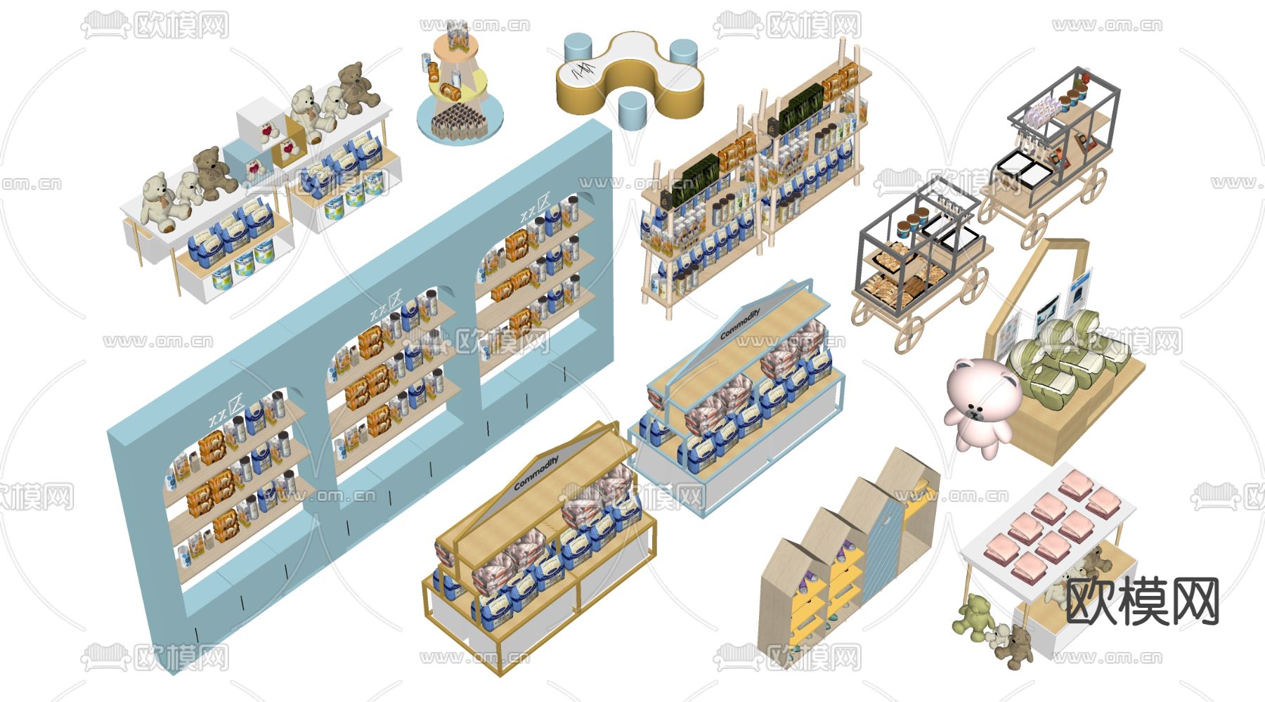 现代母婴店货架 展柜su模型下载（渲染图1）