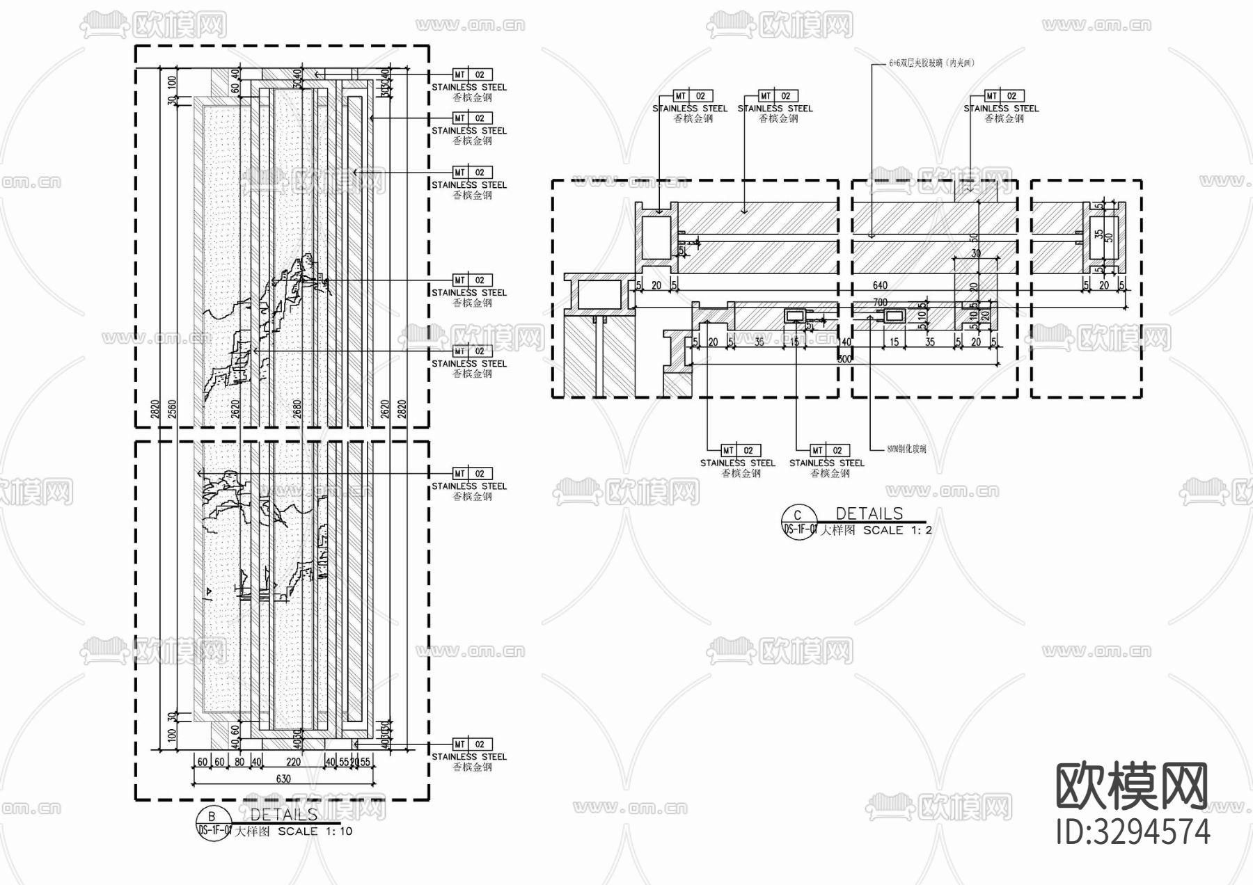 钢化玻璃内夹绢画屏风隔断CAD施工图下载（渲染图2）