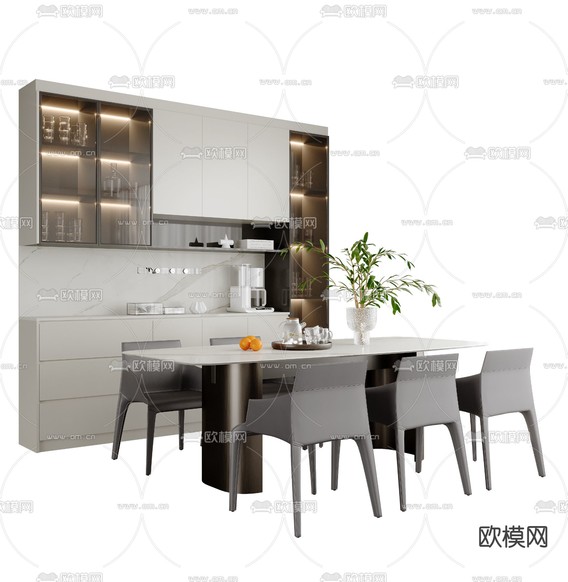 长条餐桌椅3d模型下载