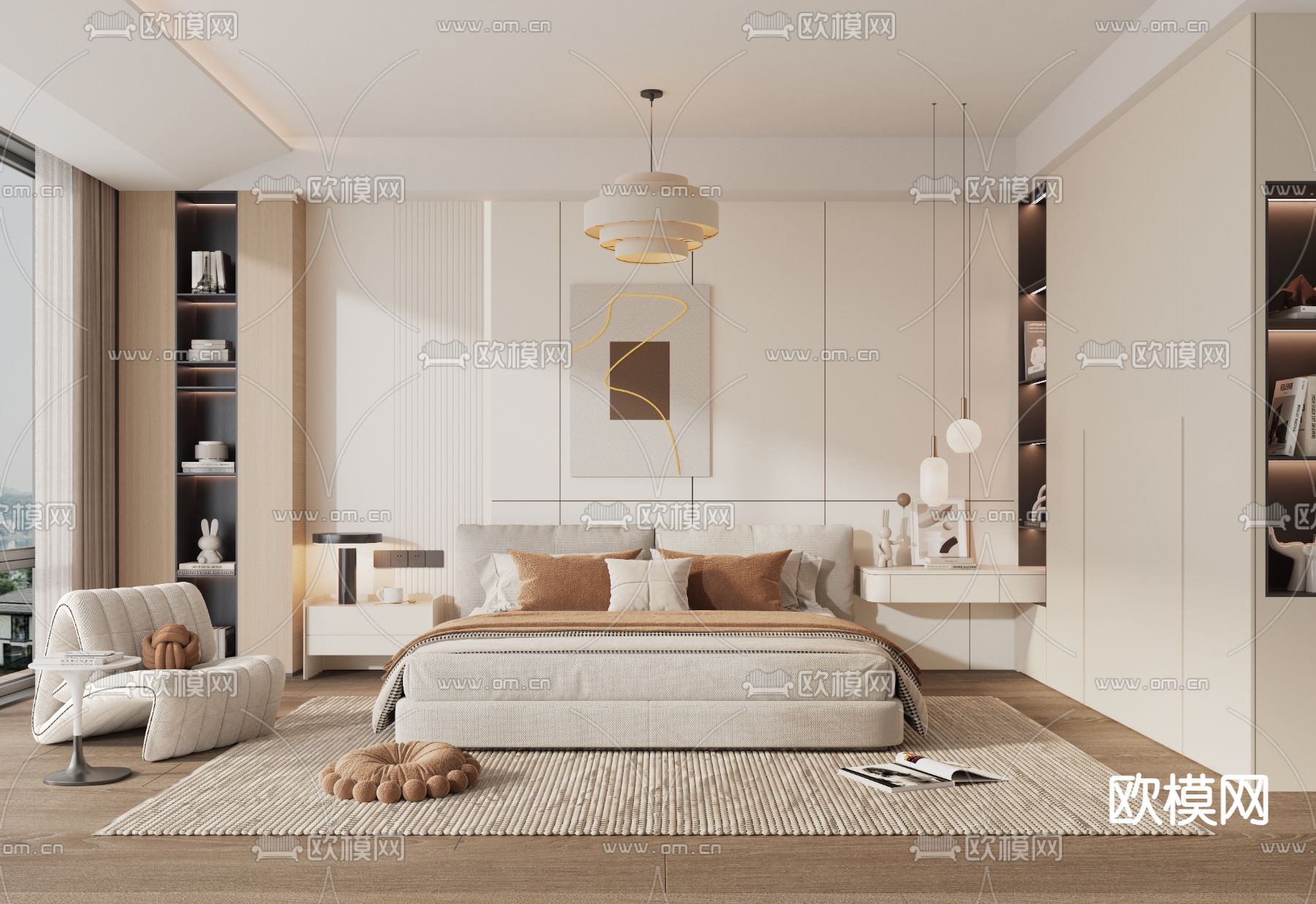 奶油风卧室 主卧 主人房su模型下载（渲染图1）