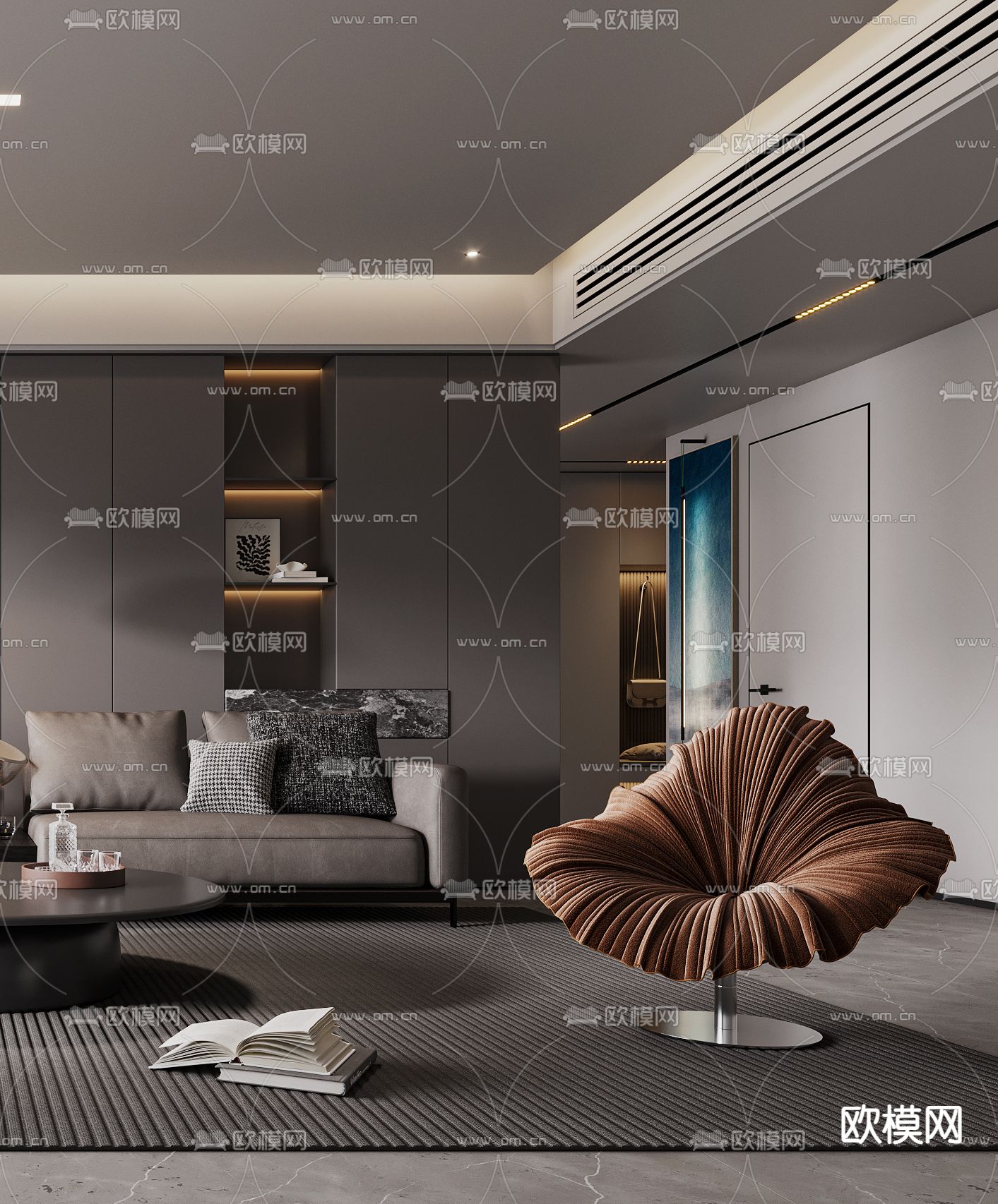 暗黑风客厅3d模型下载（渲染图1）