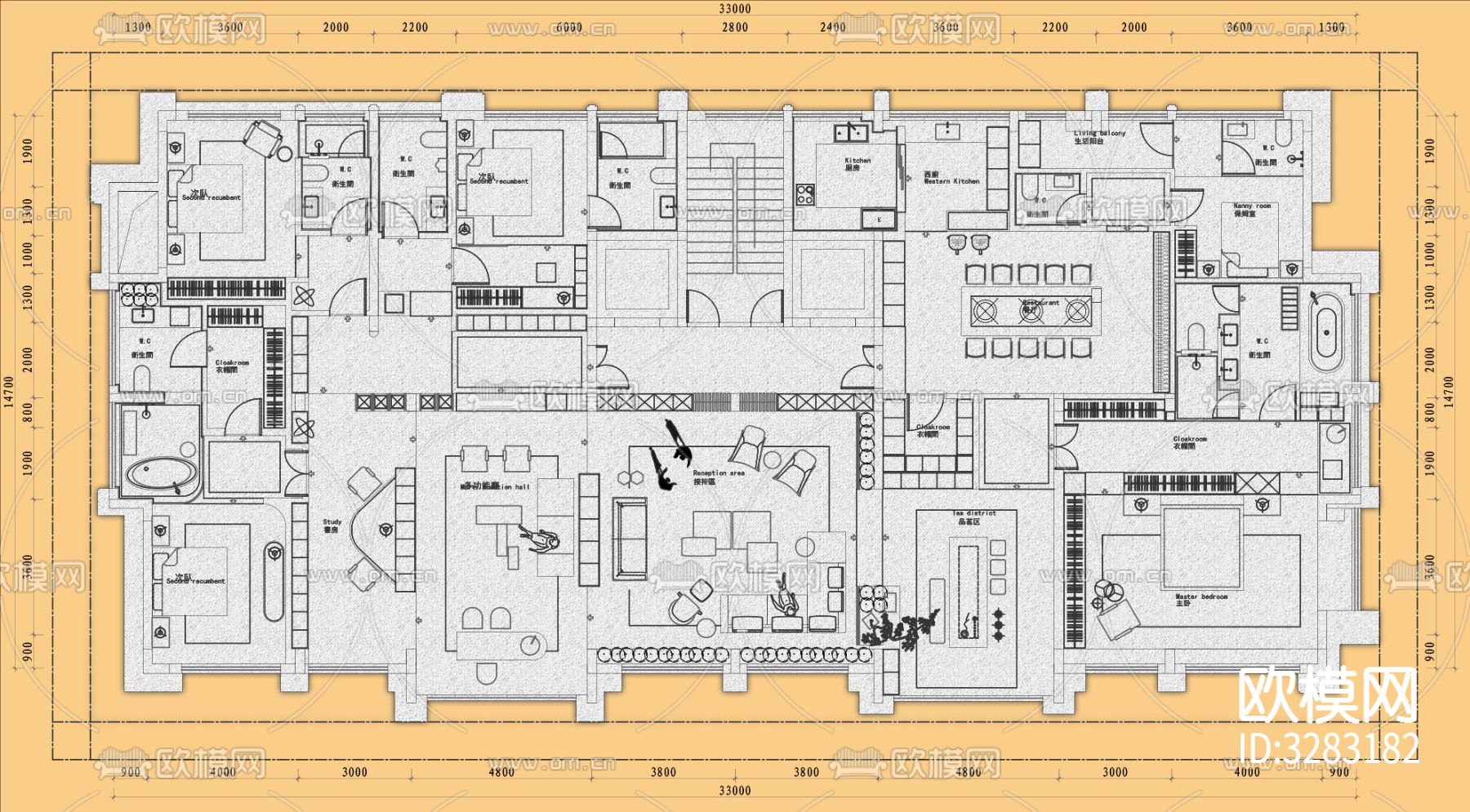 2024大平层平面优化cad图库下载（渲染图4）