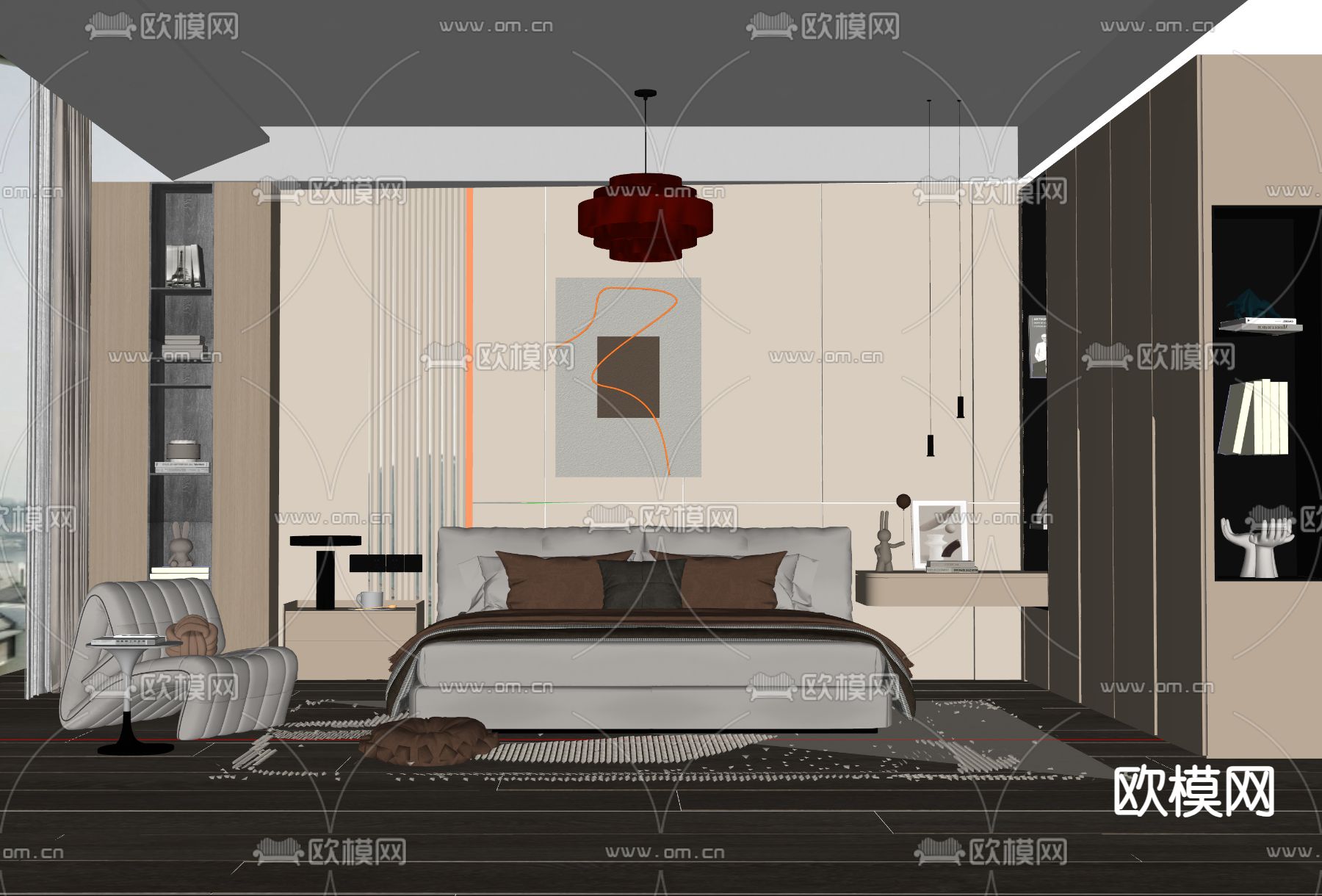 奶油风卧室 主卧 主人房su模型下载（渲染图2）