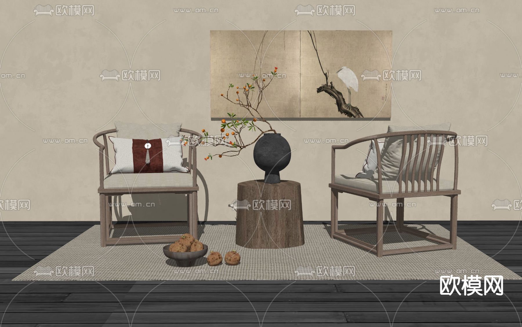 中式休闲椅su模型下载（渲染图1）