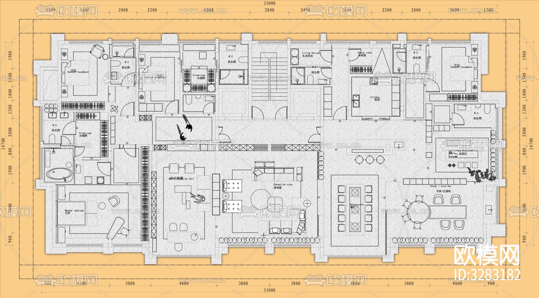 2024大平层平面优化cad图库下载（渲染图2）