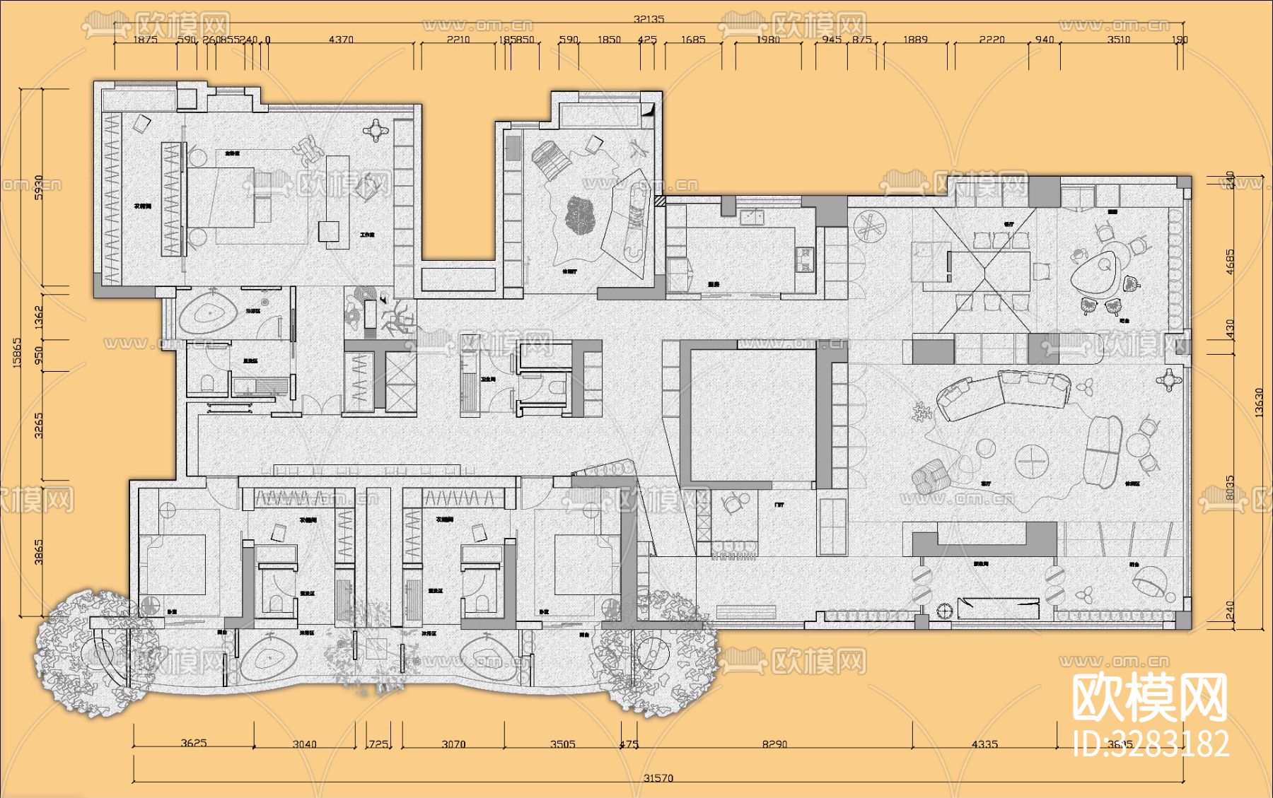 2024大平层平面优化cad图库下载（渲染图3）