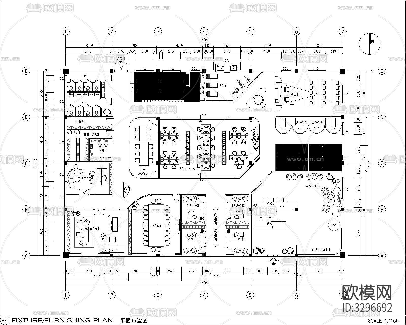 57套办公室cad施工图下载（渲染图7）