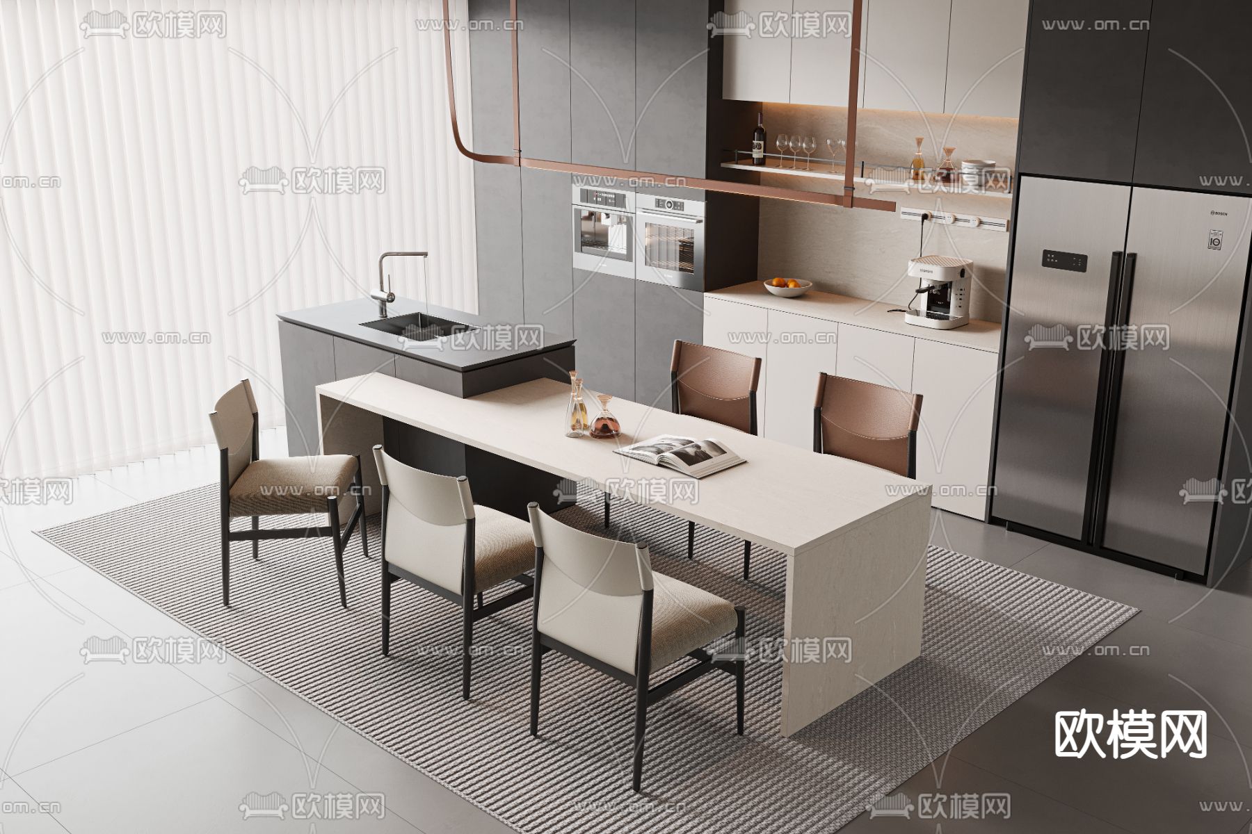 现代餐厅 岛台餐桌3d模型下载