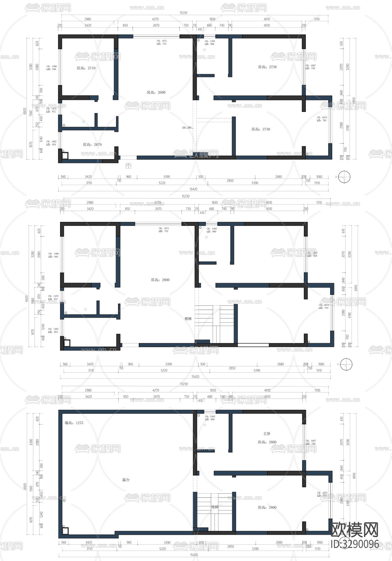 三层复式设计CAD平面图下载（渲染图1）