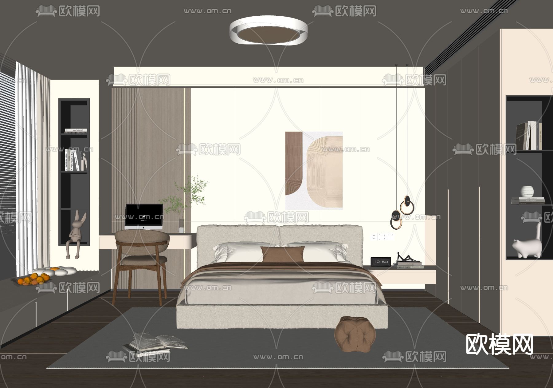 奶油风卧室 主人房su模型下载（渲染图1）
