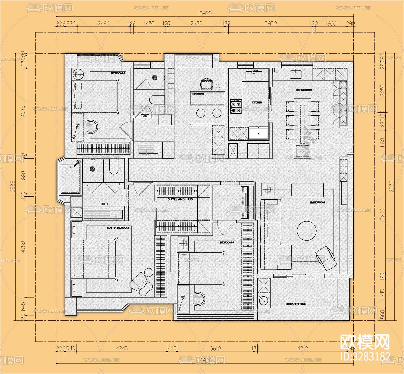 2024大平层平面优化cad图库下载（渲染图8）