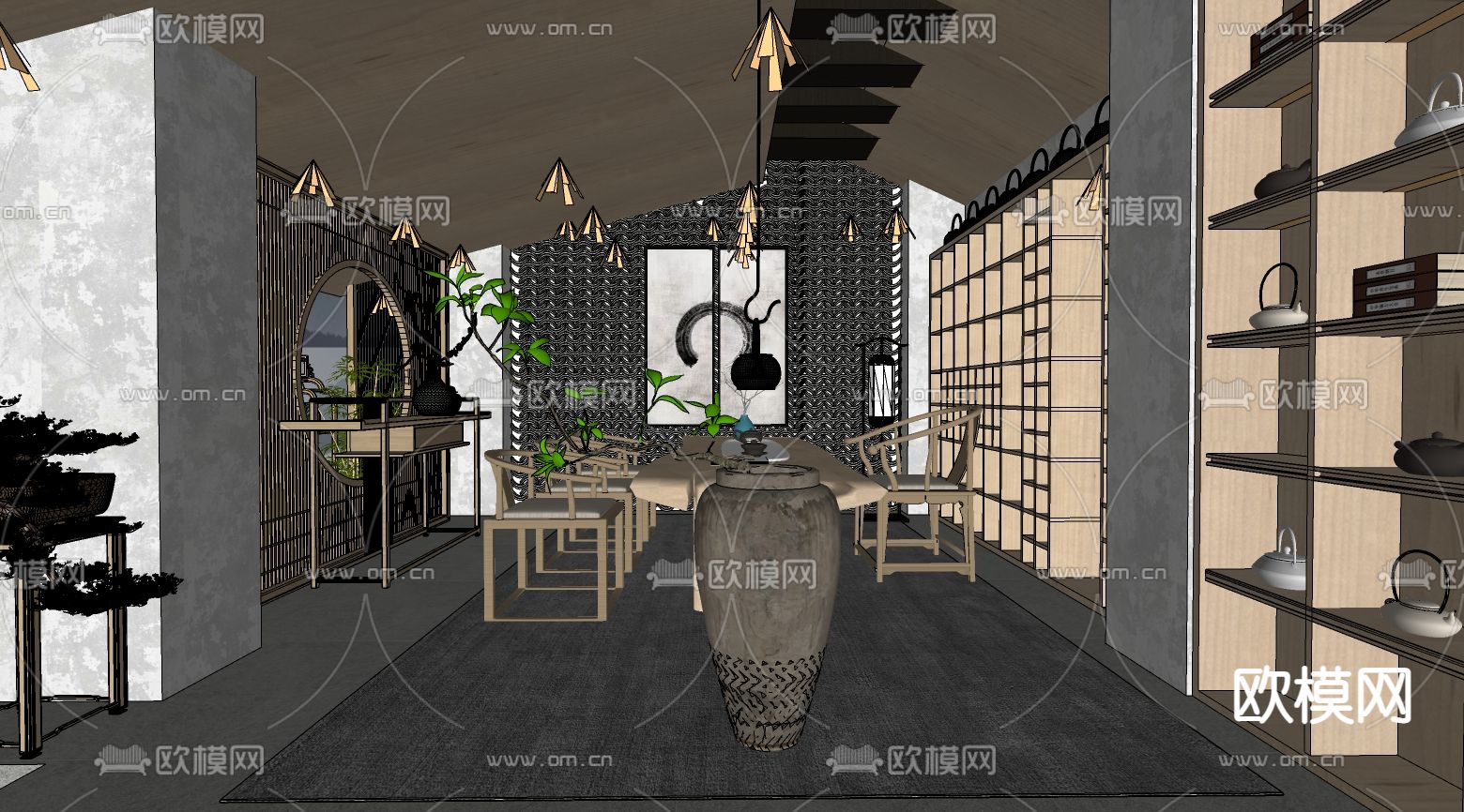 新中式茶楼su模型下载（渲染图1）