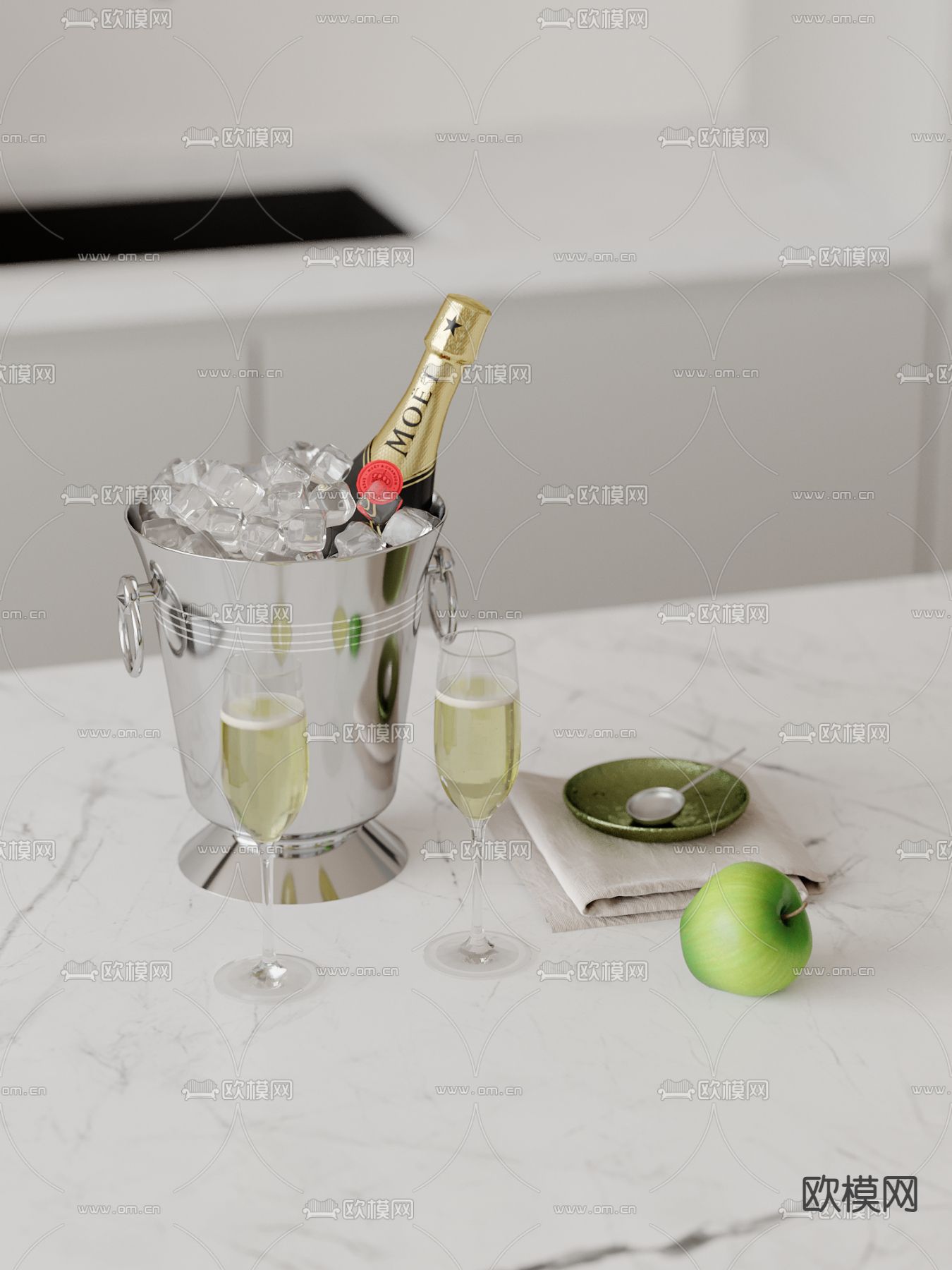 现代酒具 酒瓶 冰块 酒杯su模型下载（渲染图2）