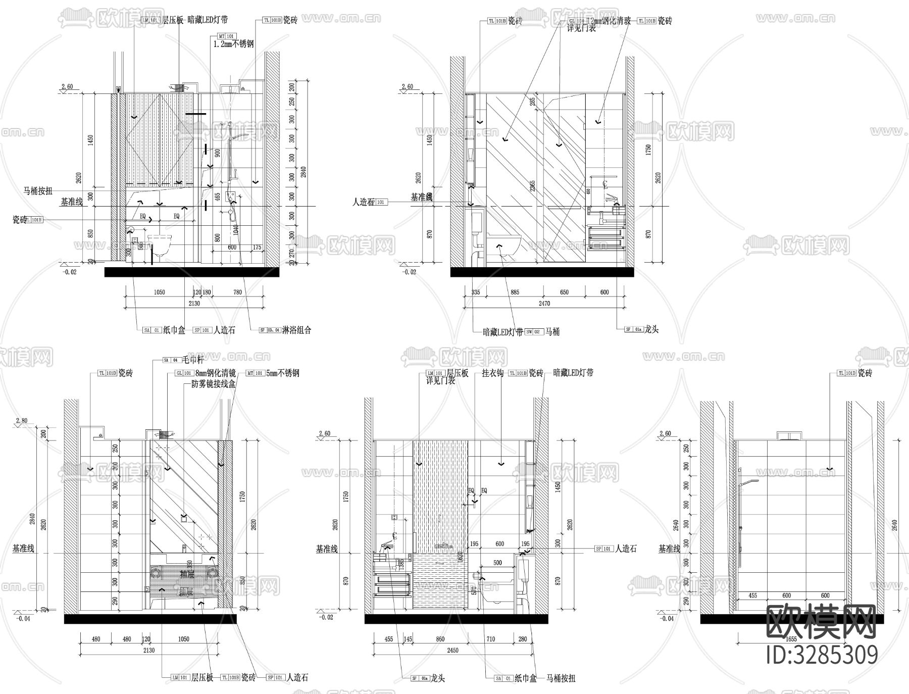 家装卫生间 卫生间cad立面图下载（渲染图2）