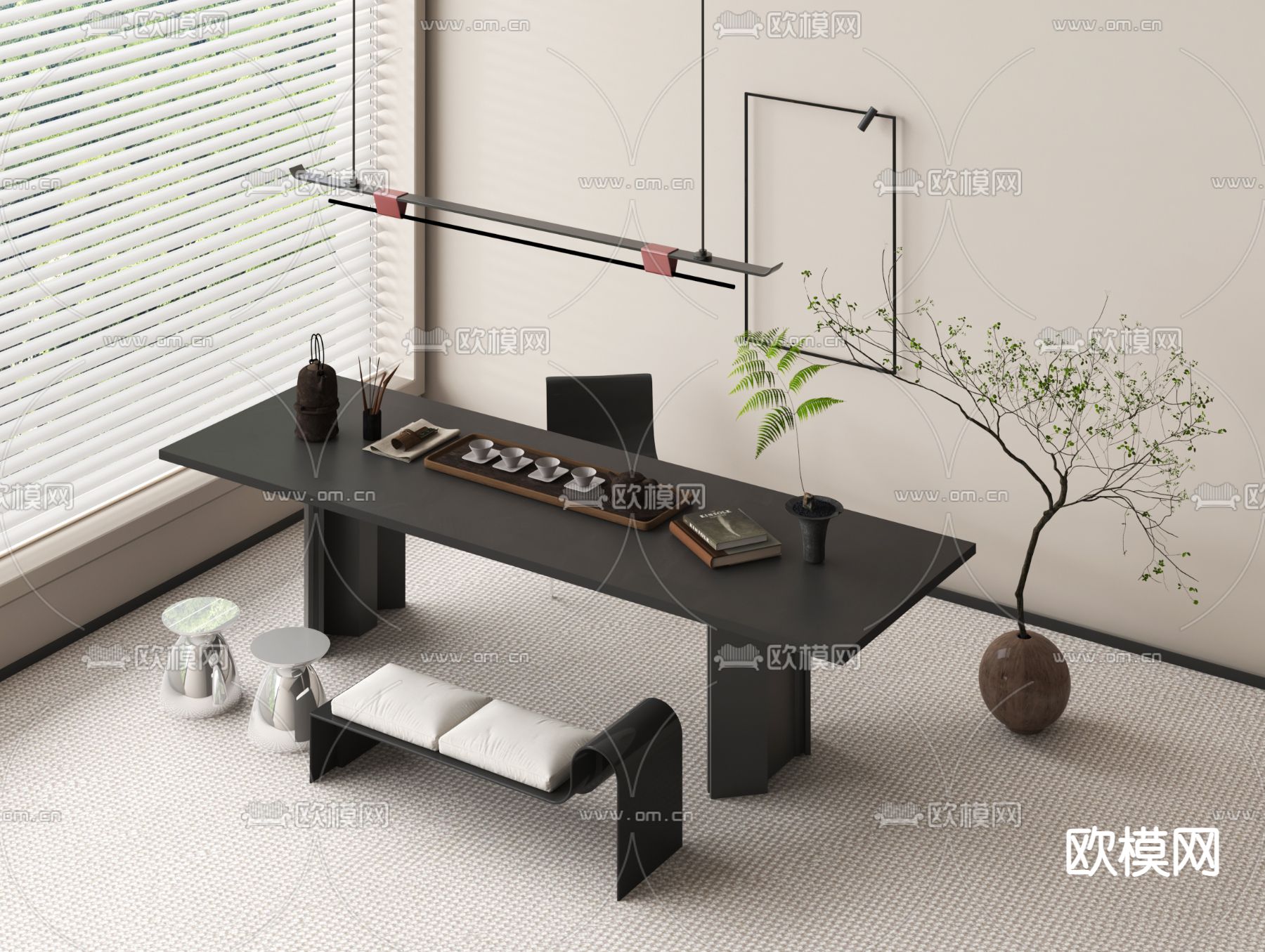 现代茶桌椅su模型下载（渲染图1）