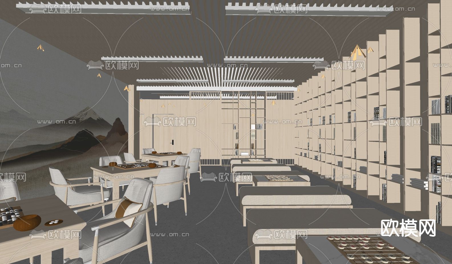新中式养老院 棋牌室su模型下载（渲染图2）