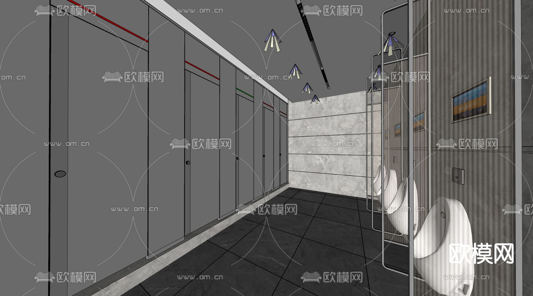 公共卫生间 公共厕所 男厕洗手间su模型下载（渲染图1）