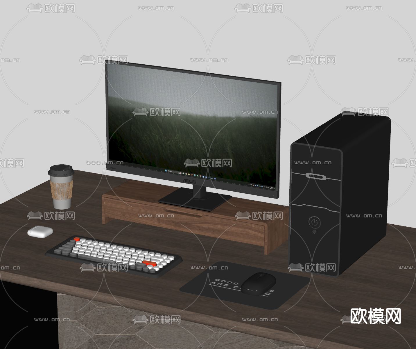 华硕电脑 显示器 主机 键盘 鼠标 办公用品su模型下载（渲染图1）