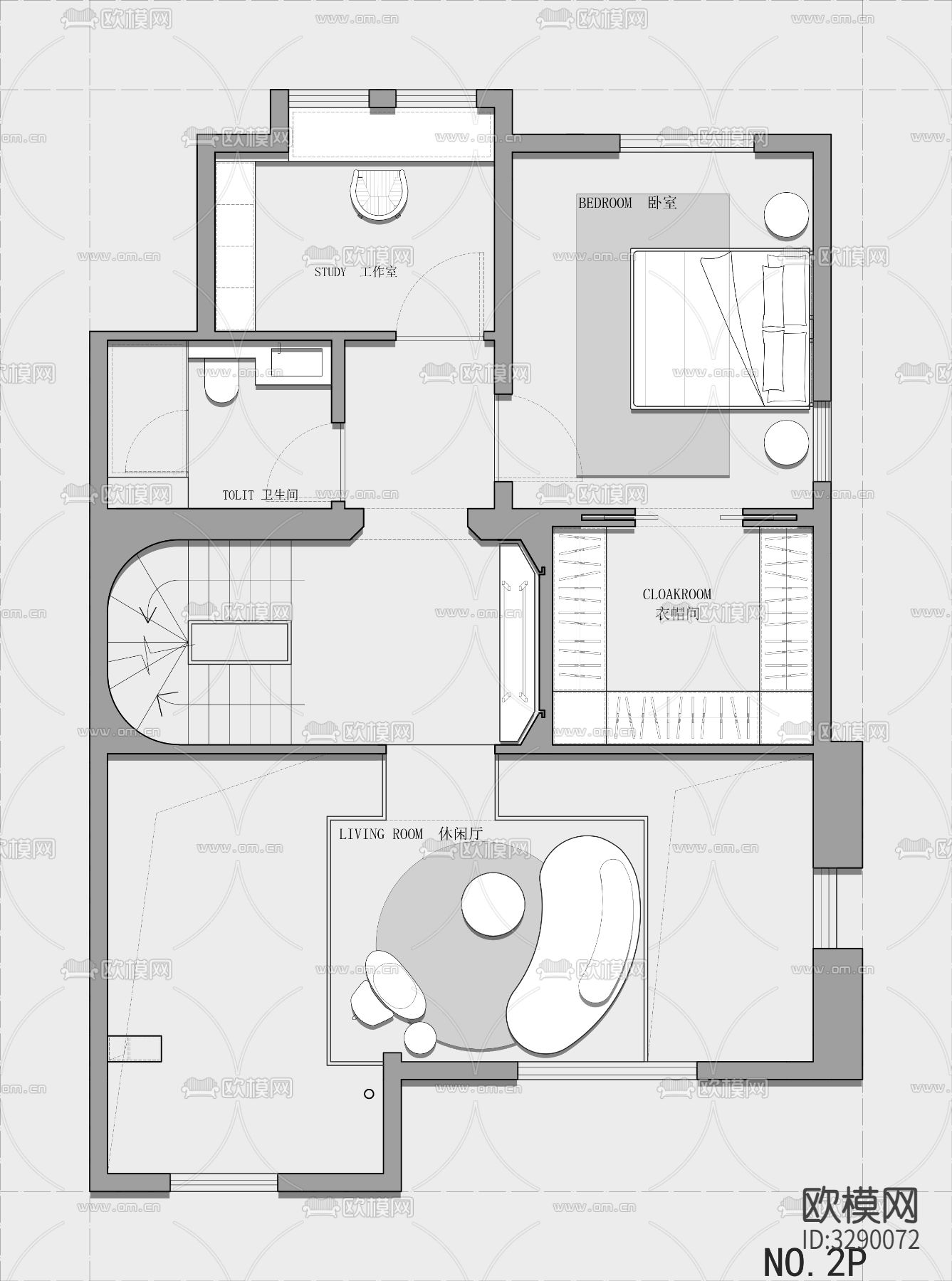 267㎡三层叠墅平面方案cad平面图下载（渲染图2）