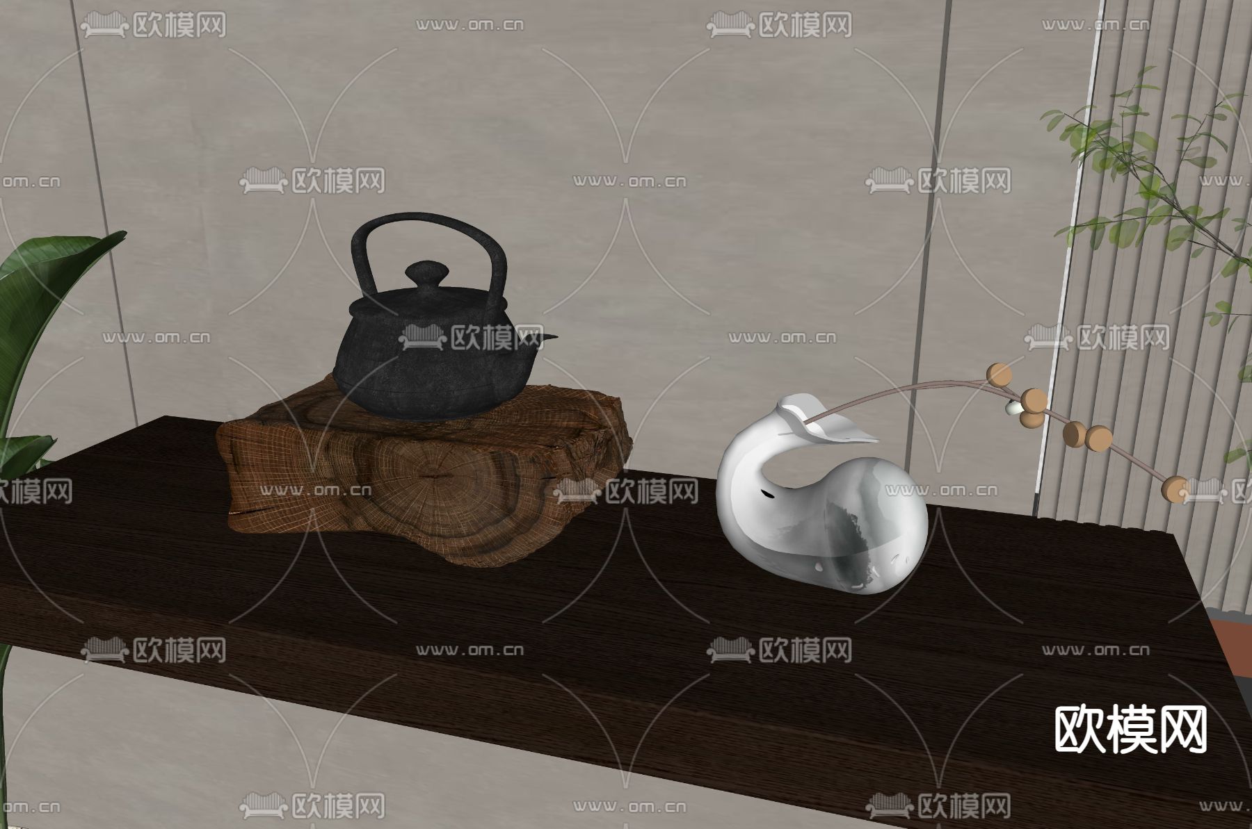 新中式茶具摆件su模型下载（渲染图1）