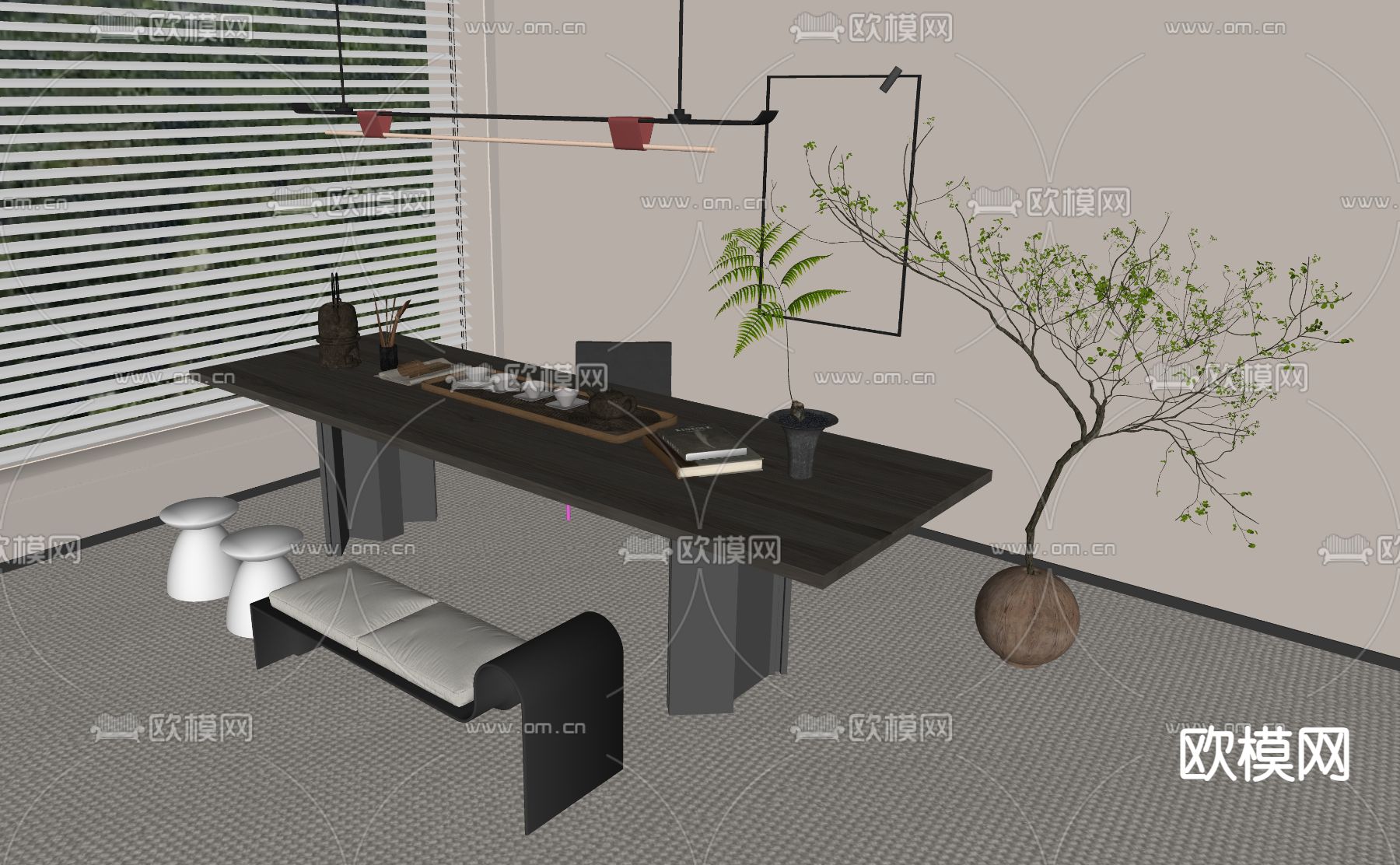 现代茶桌椅su模型下载（渲染图2）