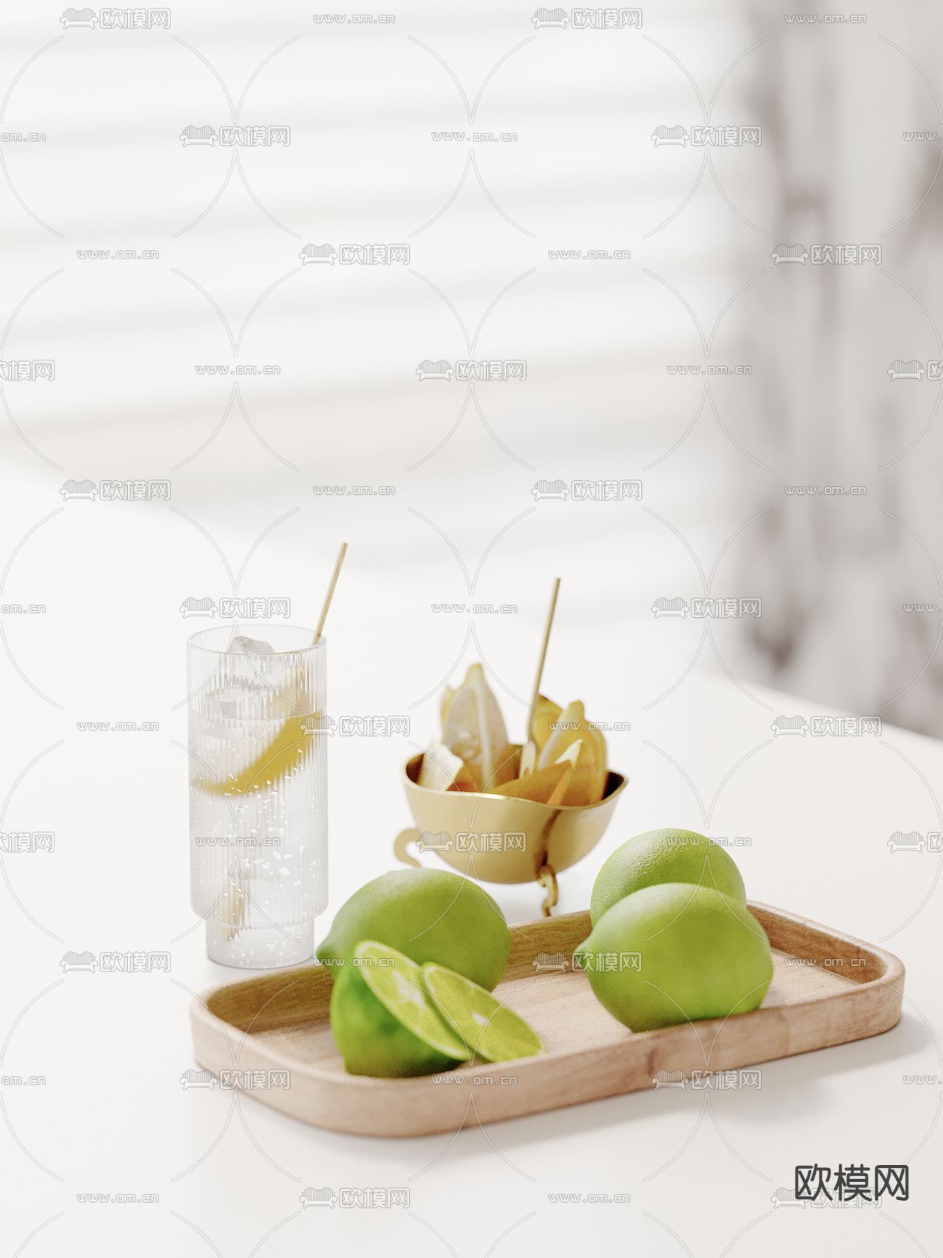 水果 托盘 柠檬 水杯su模型下载（渲染图1）