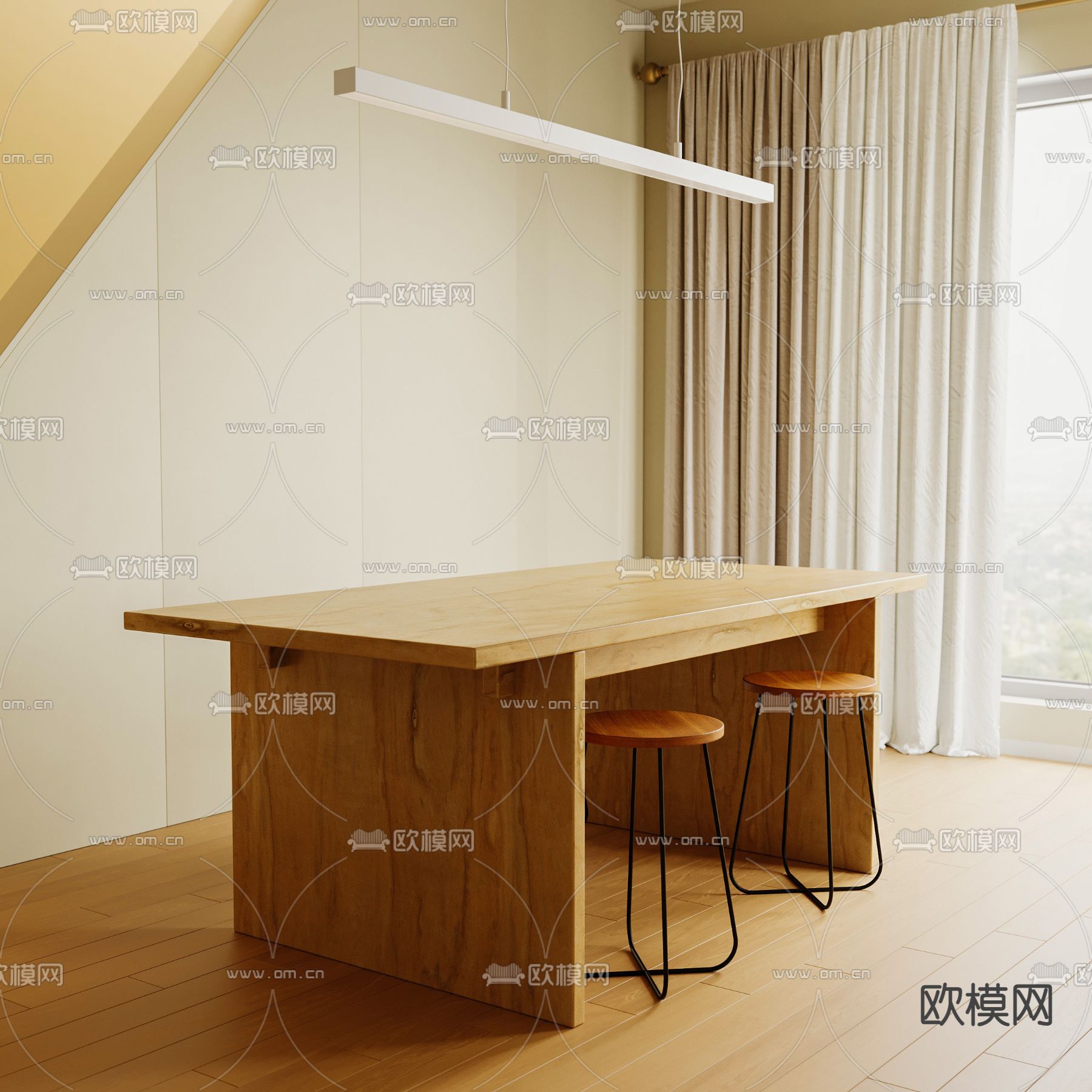 原木风 木质餐桌3d模型下载