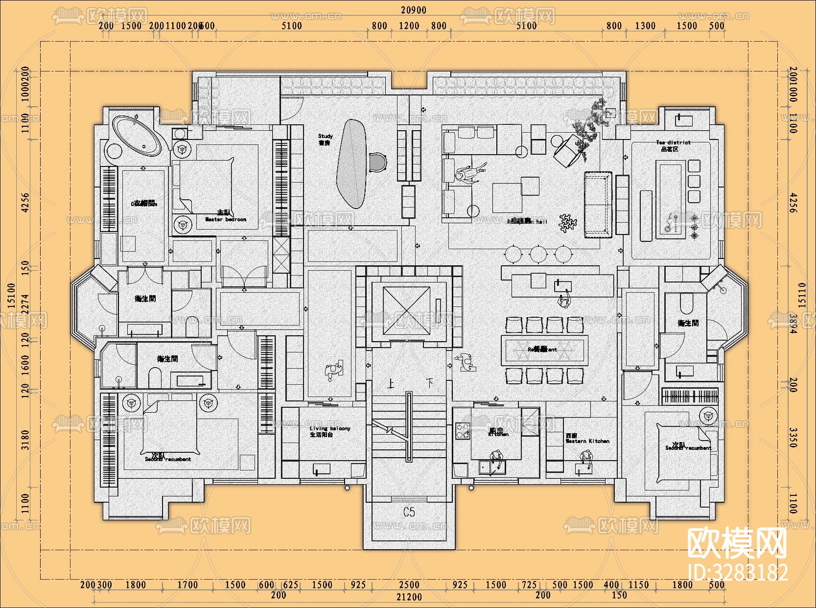 2024大平层平面优化cad图库下载（渲染图6）