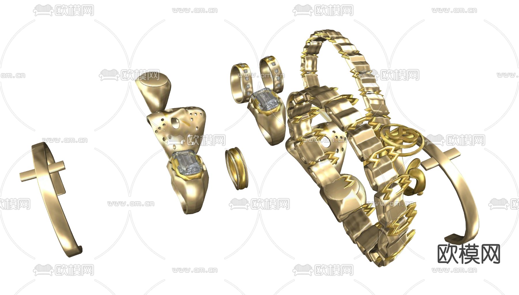 黄金首饰 金戒指 金手镯 金链子su模型下载（渲染图1）