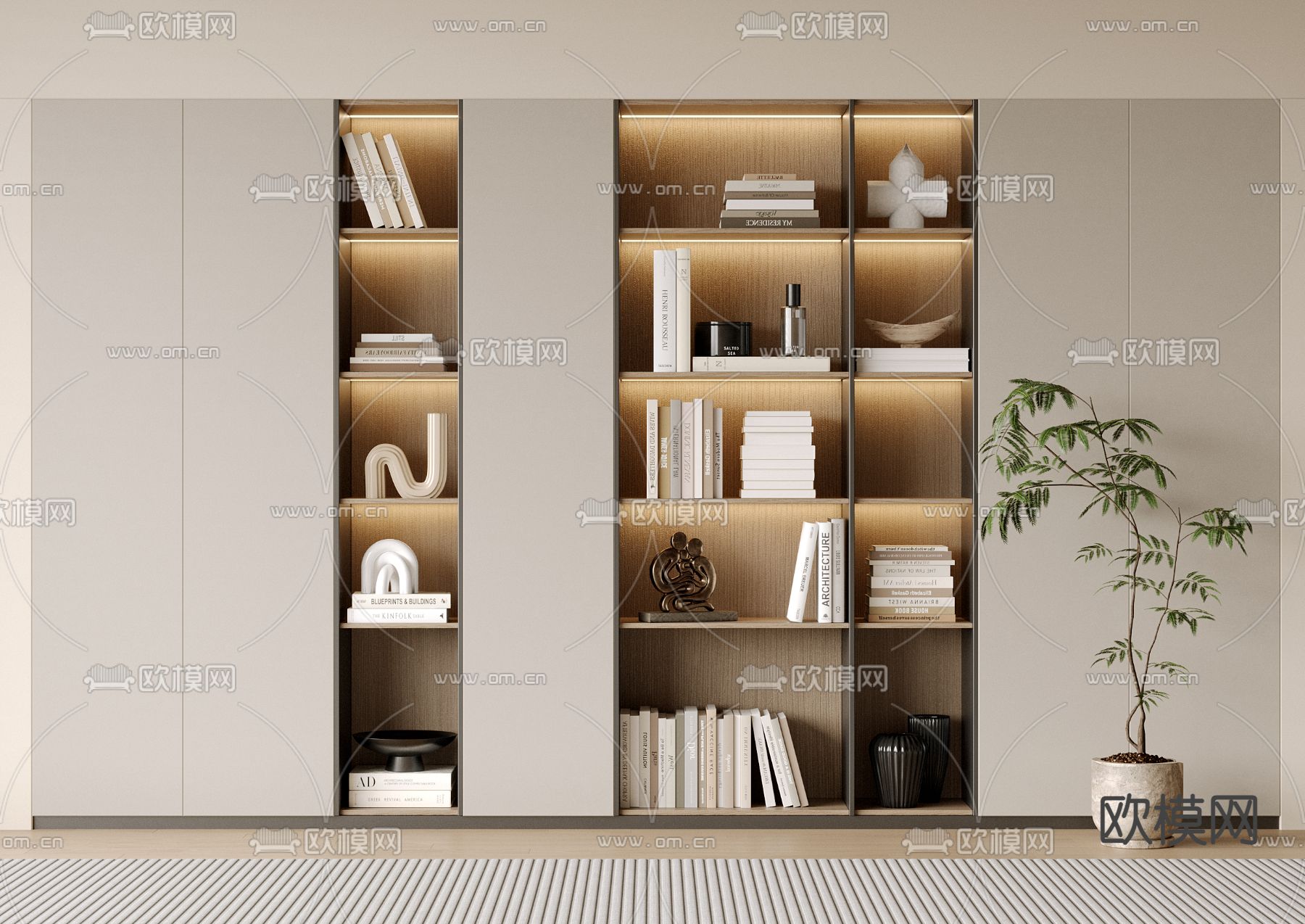 现代书柜 书架su模型下载（渲染图2）