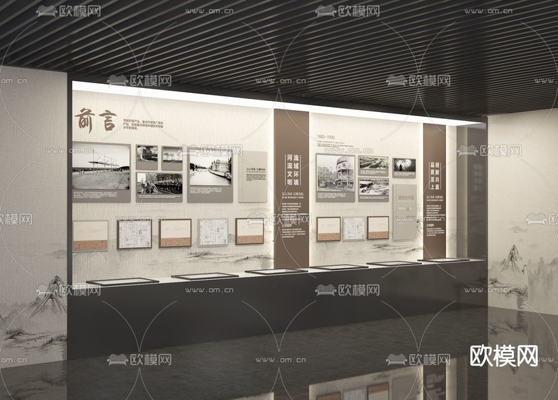 新中式展厅 展览 文化墙3d模型下载