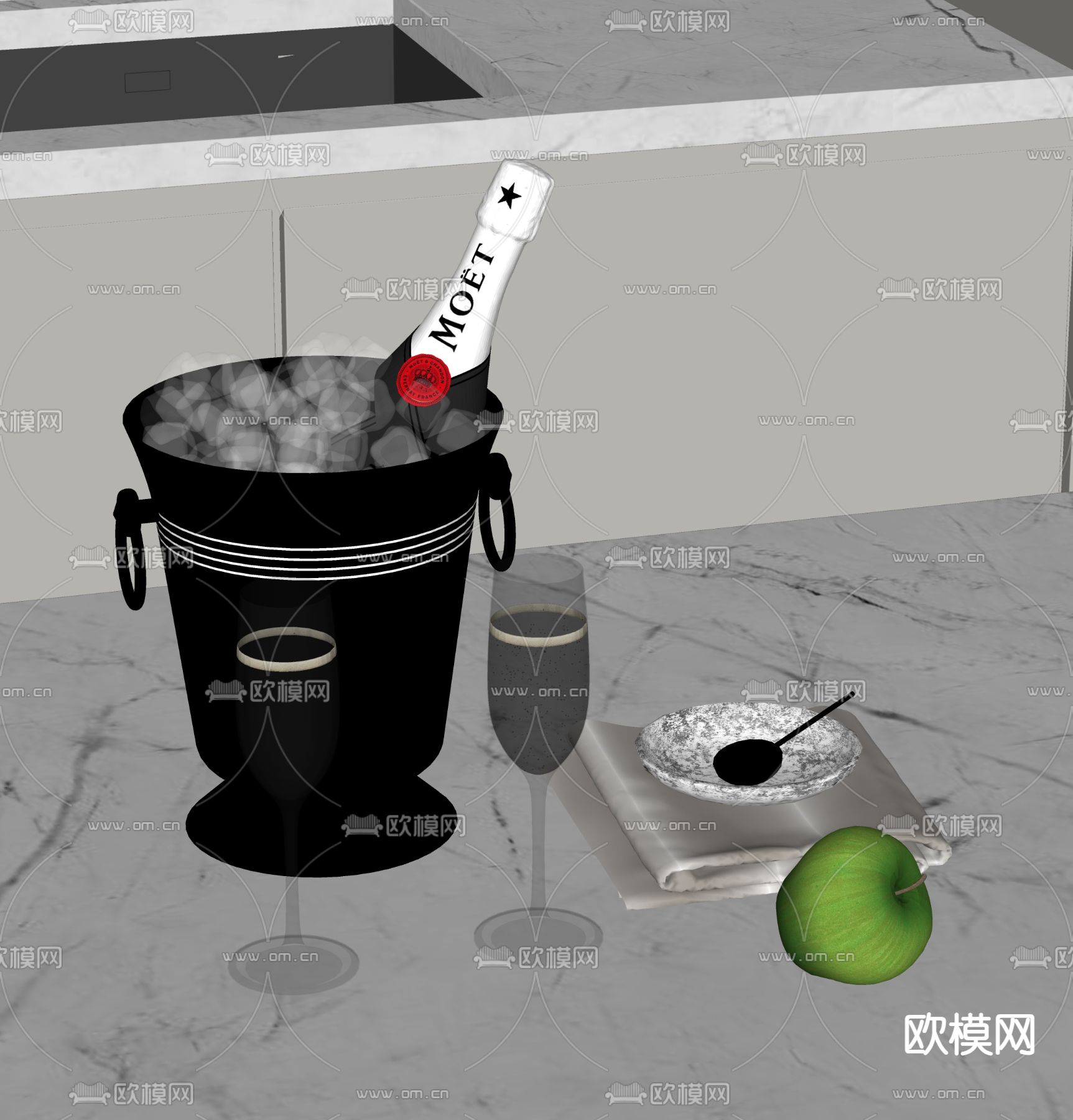 现代酒具 酒瓶 冰块 酒杯su模型下载（渲染图1）