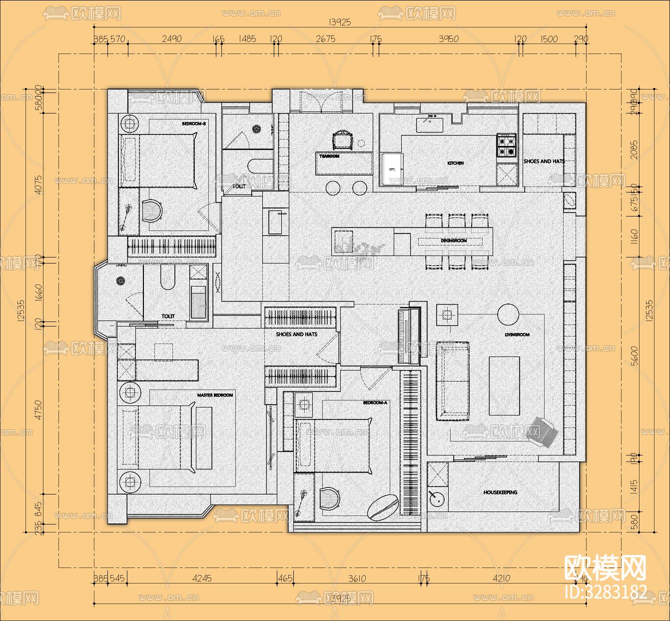 2024大平层平面优化cad图库下载（渲染图7）