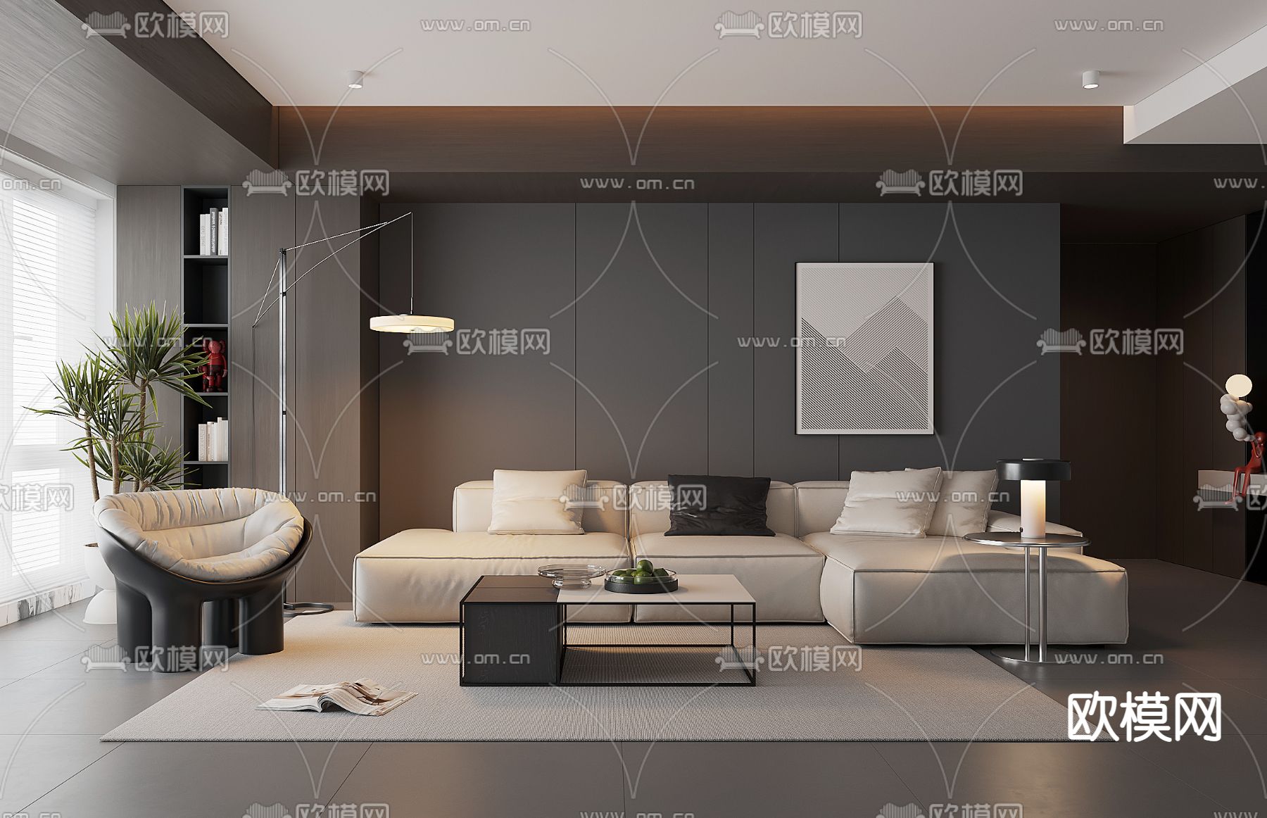 黑白灰客厅3d模型下载