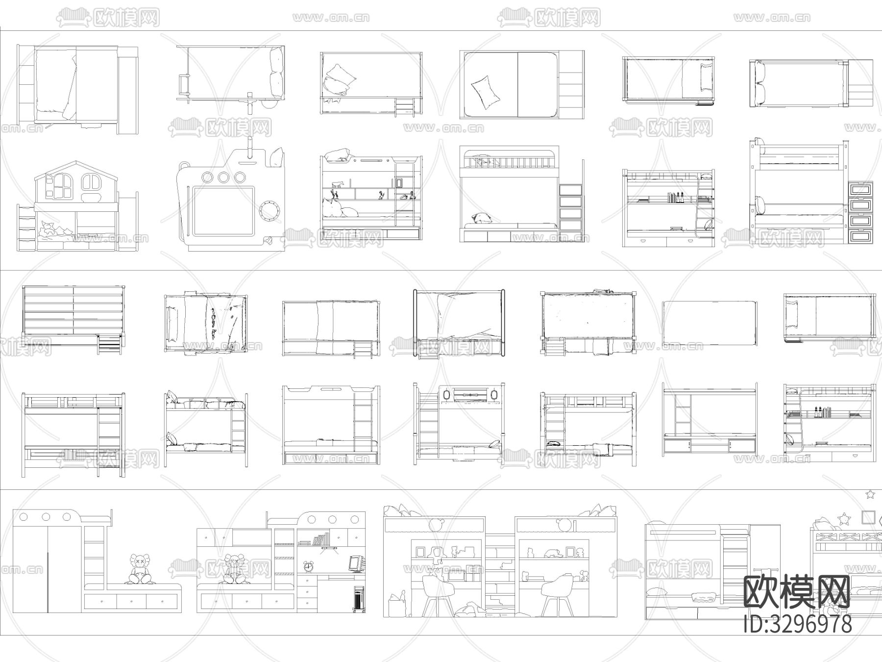 最新超全上下床高低床儿童床cad图库下载（渲染图3）