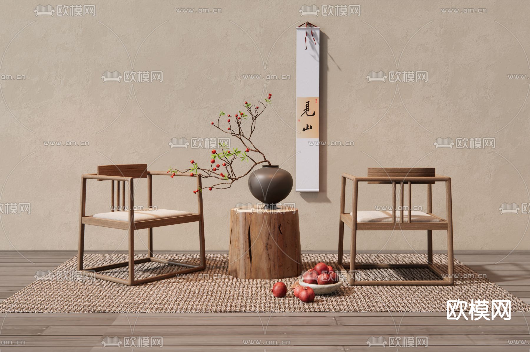 新中式休闲椅su模型下载（渲染图1）