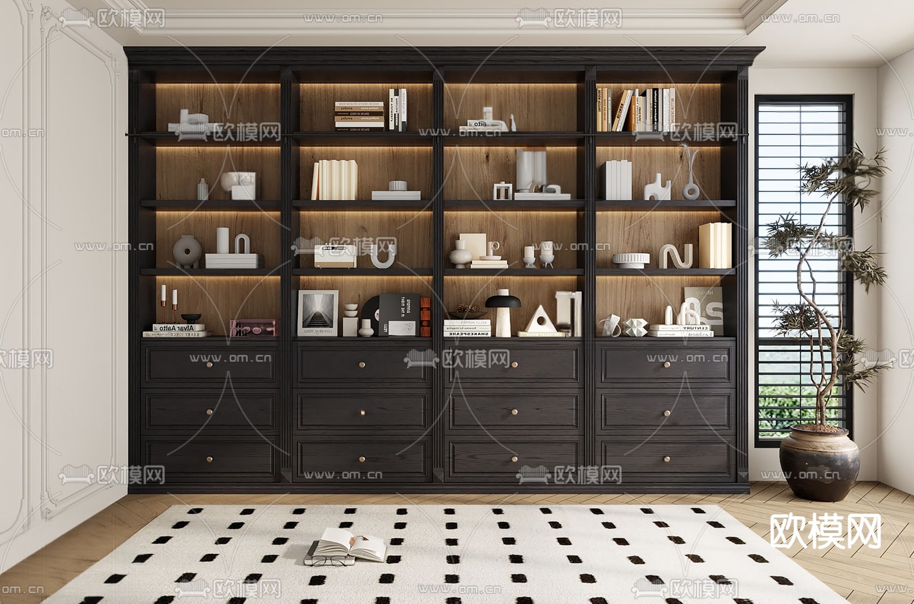 美式书柜su模型下载（渲染图2）