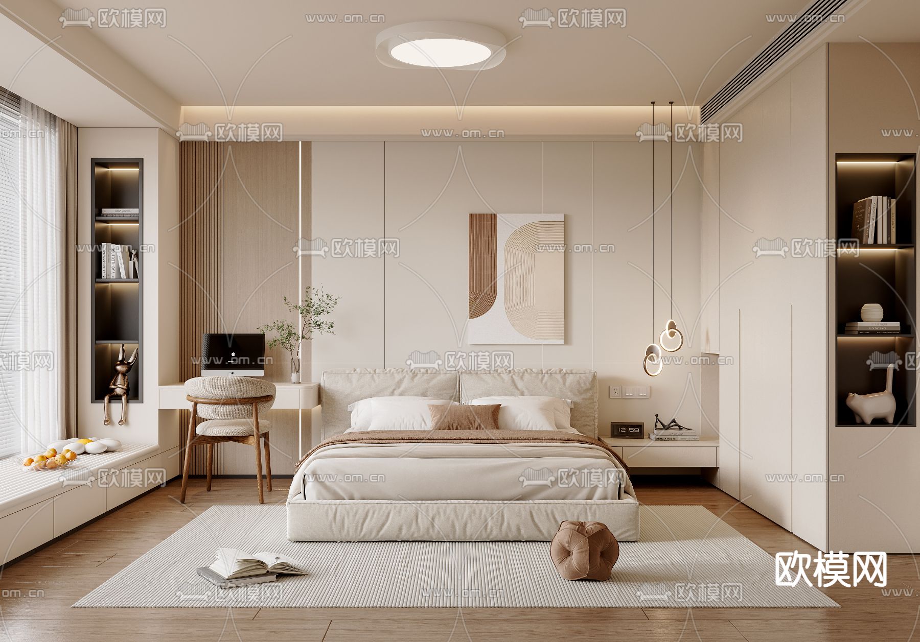 奶油风卧室 主人房su模型下载（渲染图2）